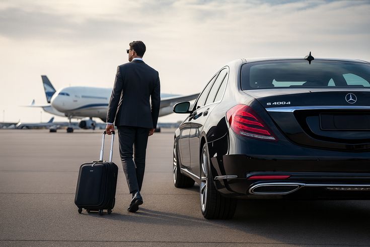 Chauffeur-driven car waiting outside a London office building