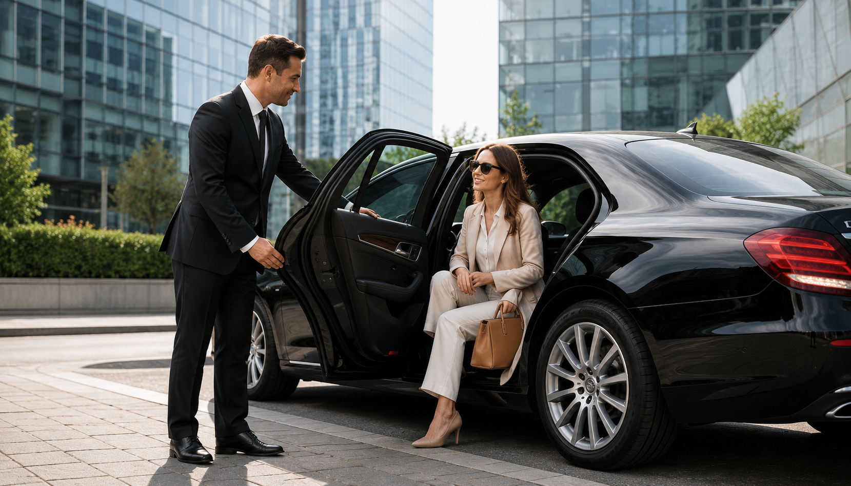 Chauffeur opening luxury car door near Canary Wharf modern office towers