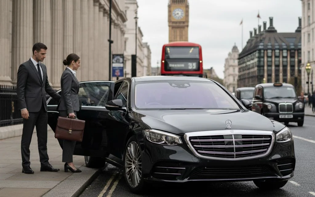 Professional chauffeur opening car door for an executive in London