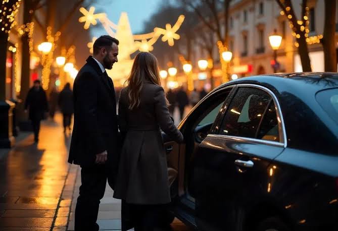 Interior view of luxury Mercedes-Benz MPV decorated subtly for Christmas transport in London