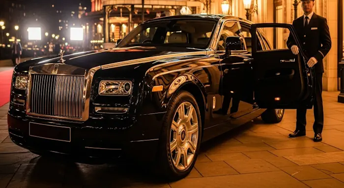 Chauffeur-driven car outside a London concert venue at night