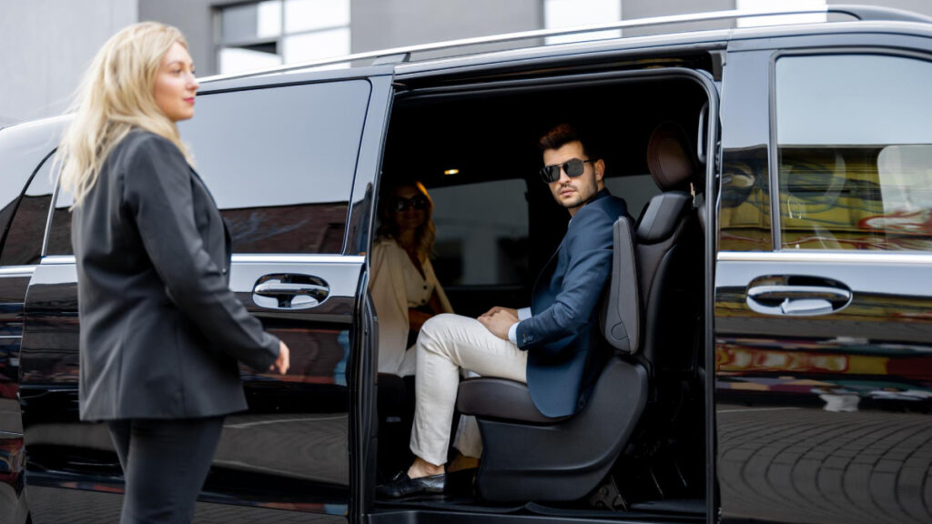 Interior view of luxury Mercedes-Benz V-Class chauffeur vehicle with premium leather seating
