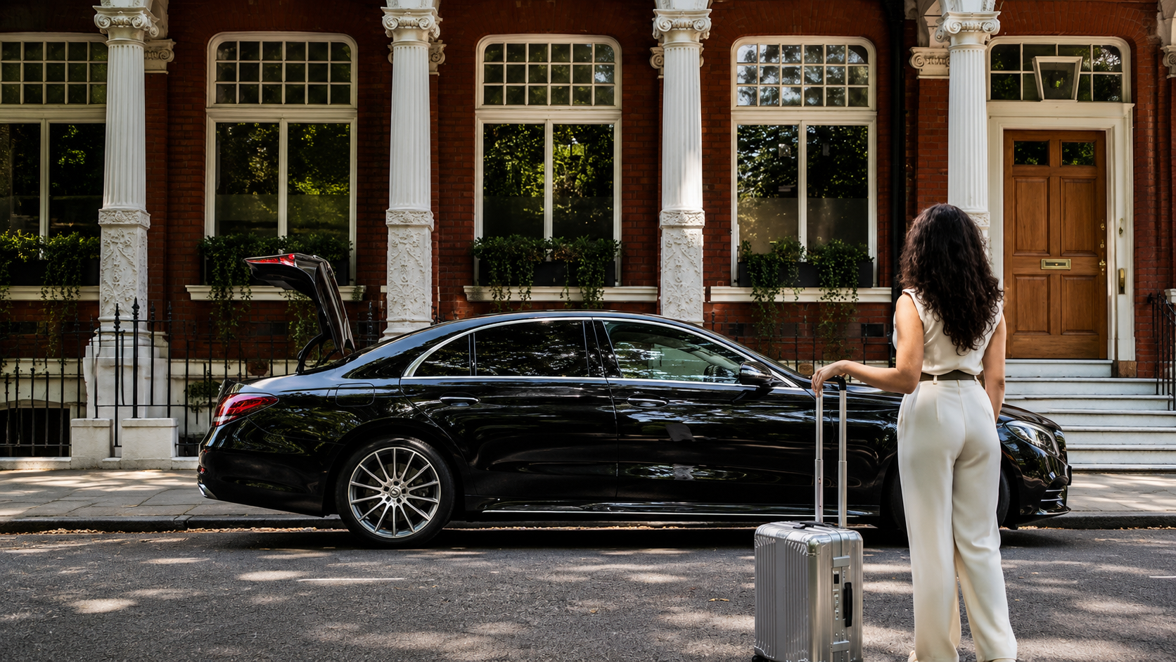 Executive chauffeur vehicle waiting on tarmac next to a private jet at Farnborough Airport