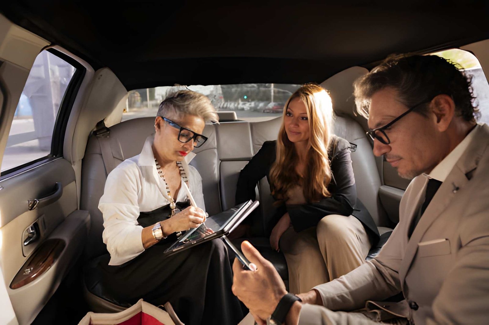 Executive business professional working in the back seat of a chauffeur vehicle in London