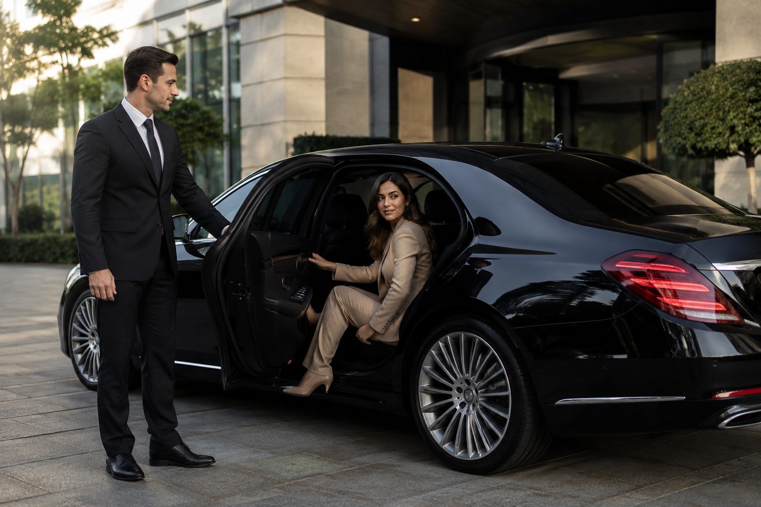 Chauffeur driven luxury vehicle waiting near iconic London sights for tourists