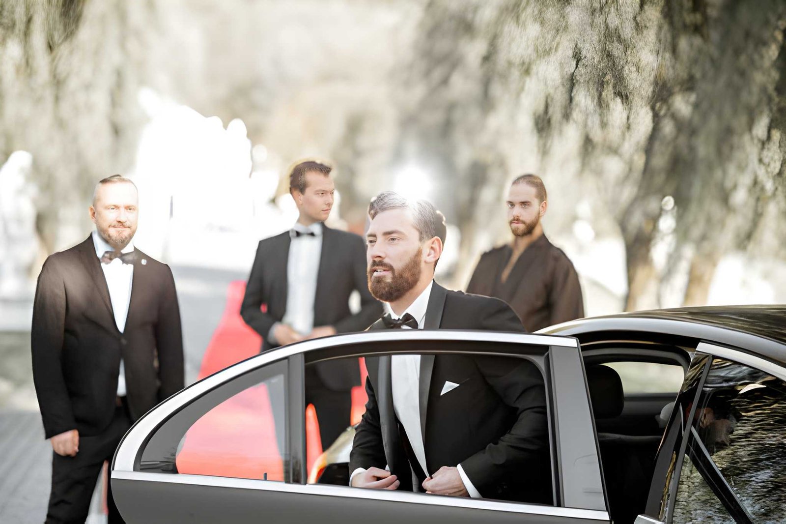 Bride and groom departing in a chauffeur-driven wedding car