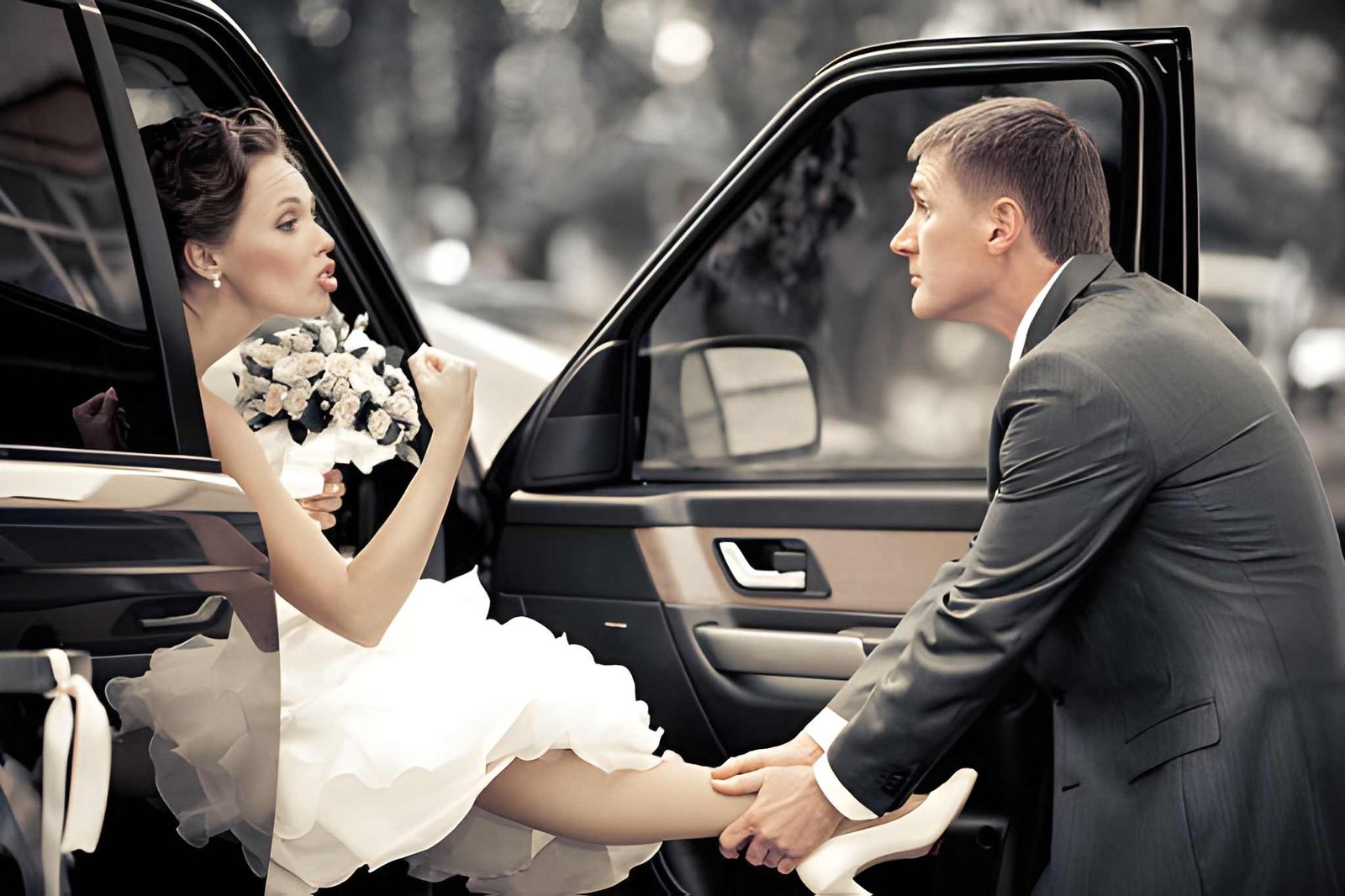 Decorated wedding chauffeur car outside a London wedding venue