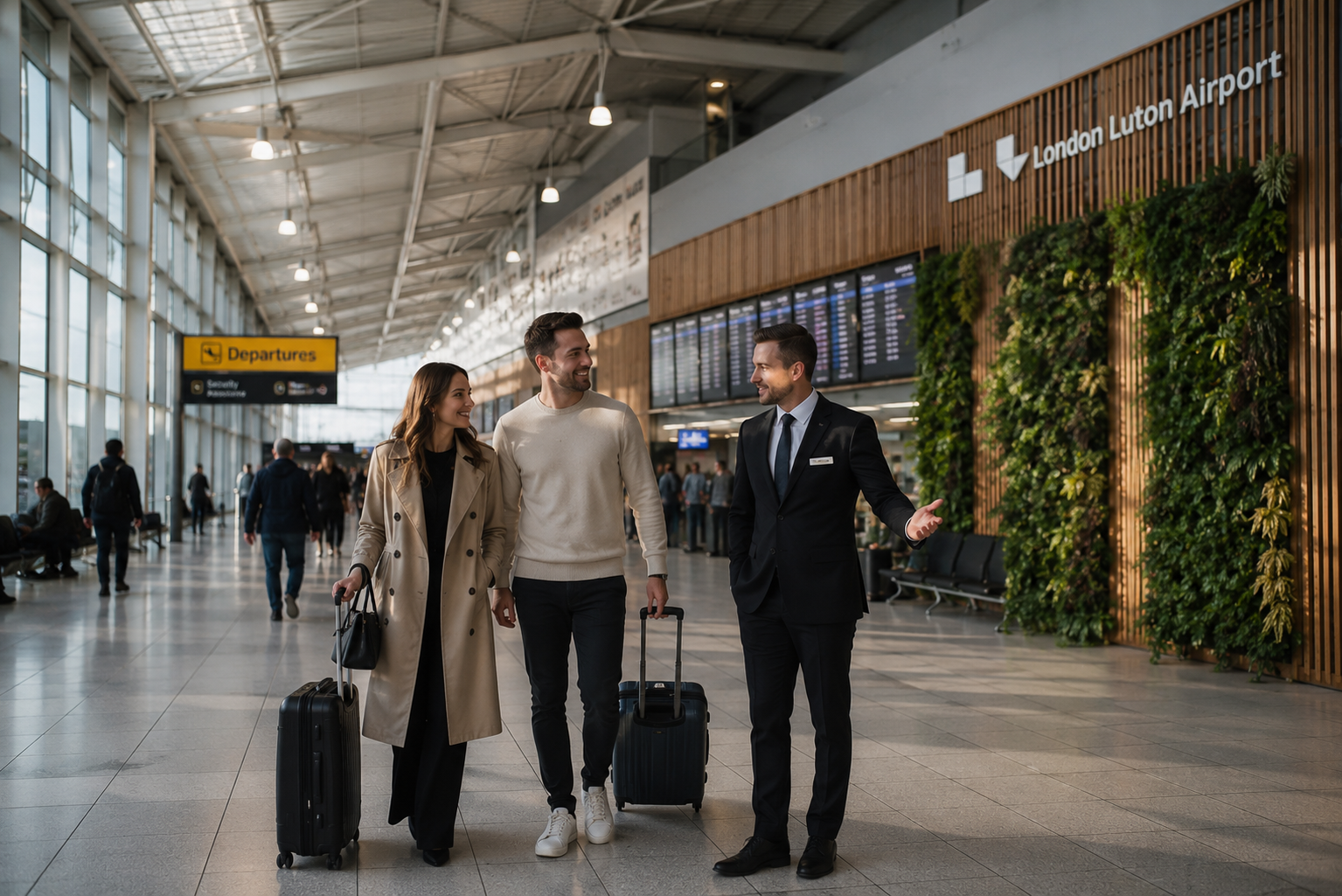 Chauffeur assisting a passenger with luggage at Luton Airport arrivals