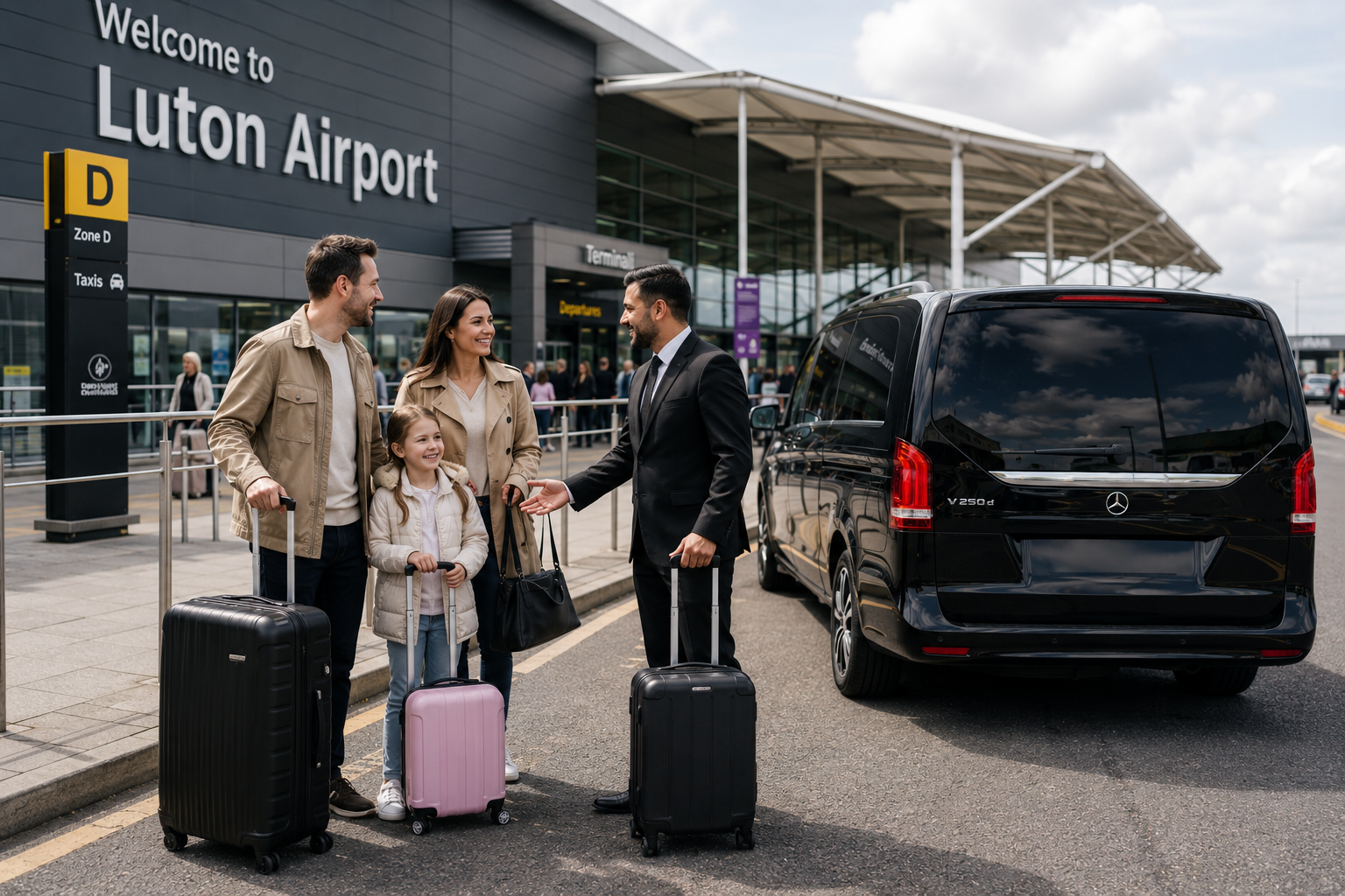 Chauffeur-driven car outside London Luton Airport terminal