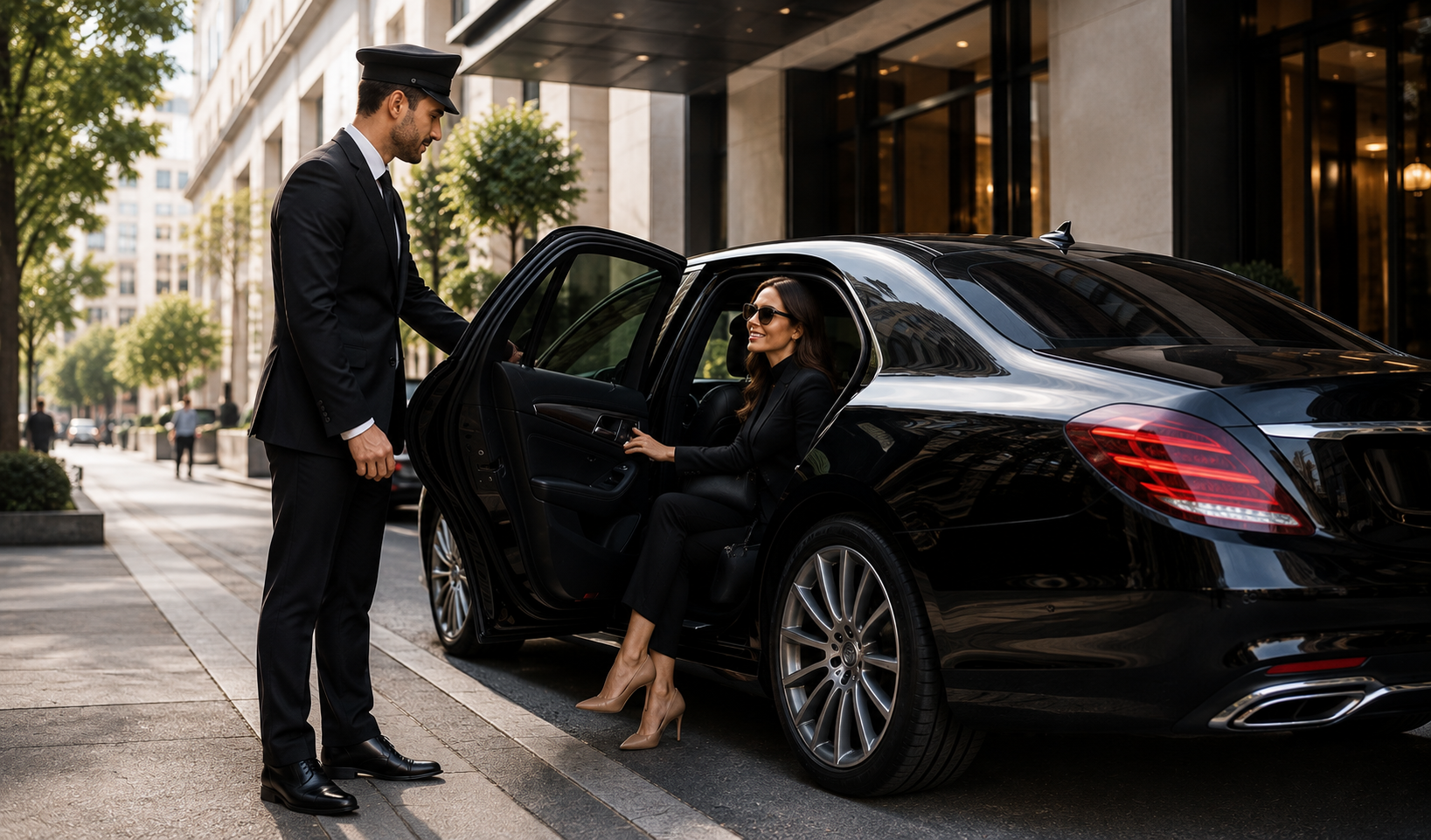 Chauffeur standing by a luxury vehicle in central London