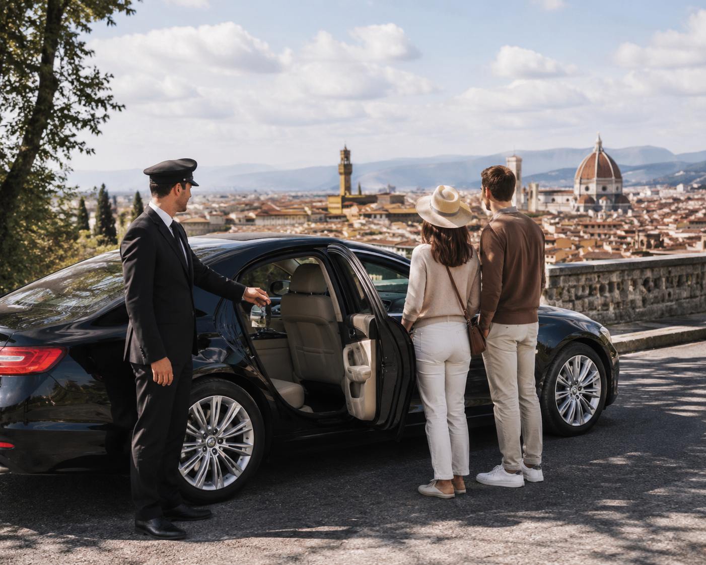 Chauffeured luxury car parked near historic London landmarks during a private tour