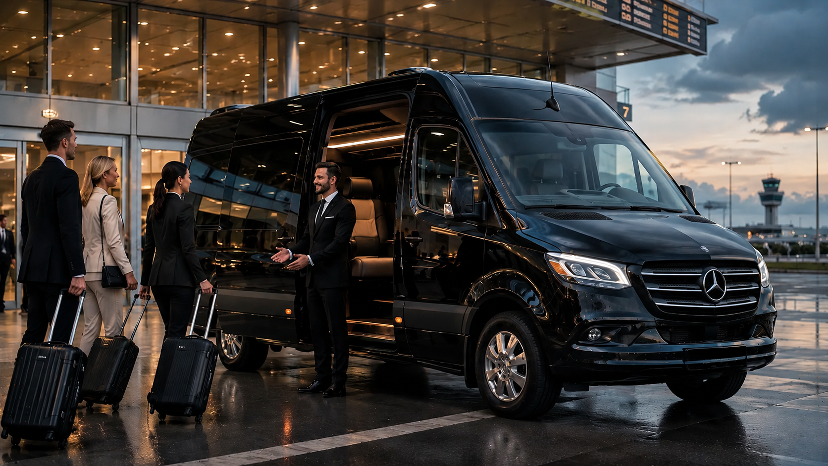 Chauffeur-driven Mercedes Sprinter parked in central London