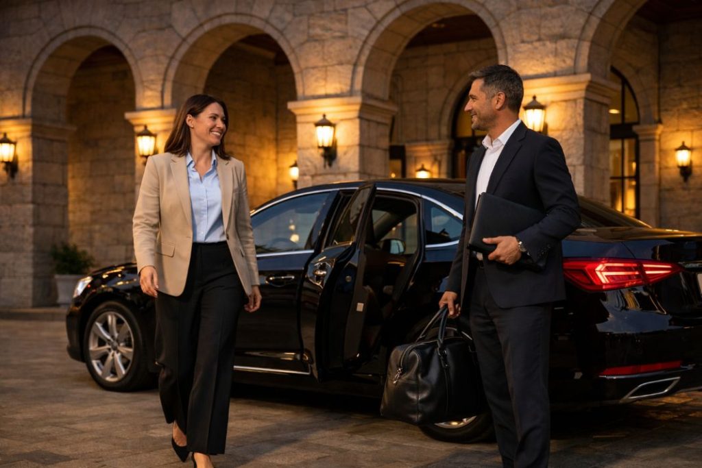 Luxury executive car illuminated by London city lights during a late-night private transfer