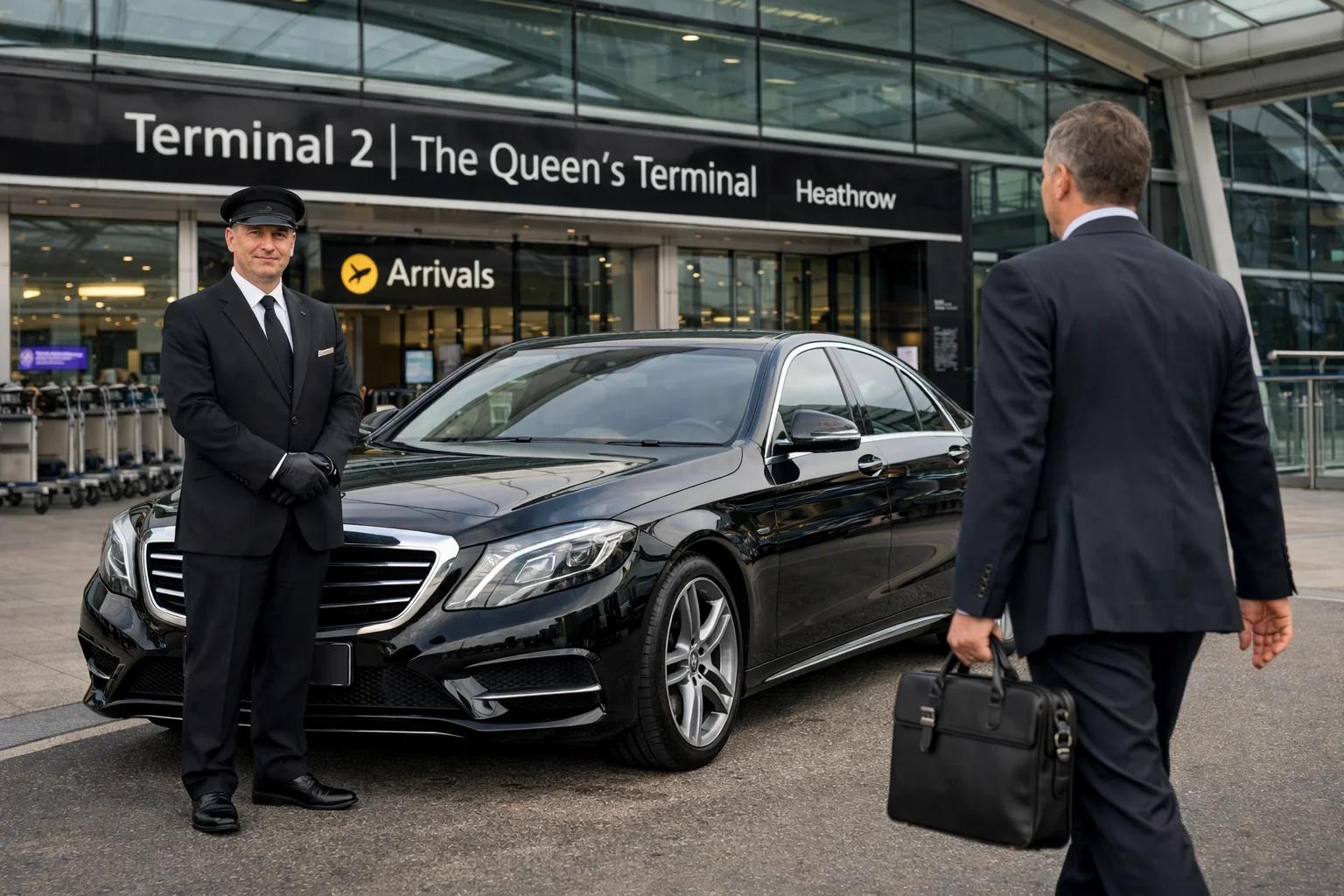 Luxury executive vehicle waiting outside an airport terminal for premium transfer service