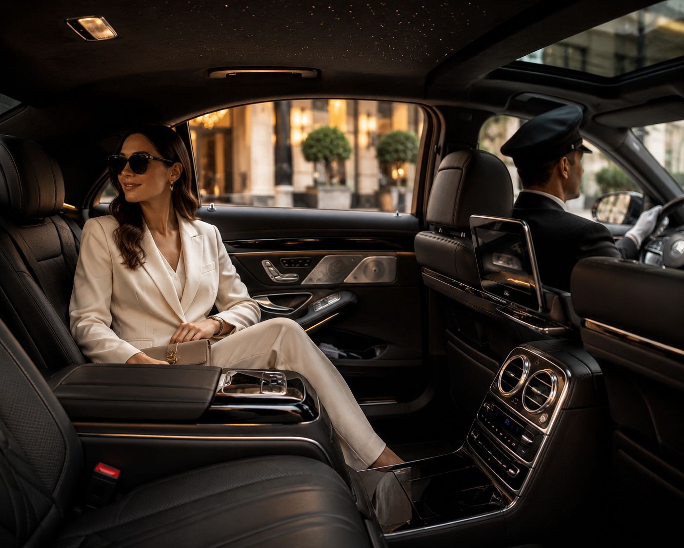 Executive private chauffeur holding the door open for a passenger outside a luxury London hotel