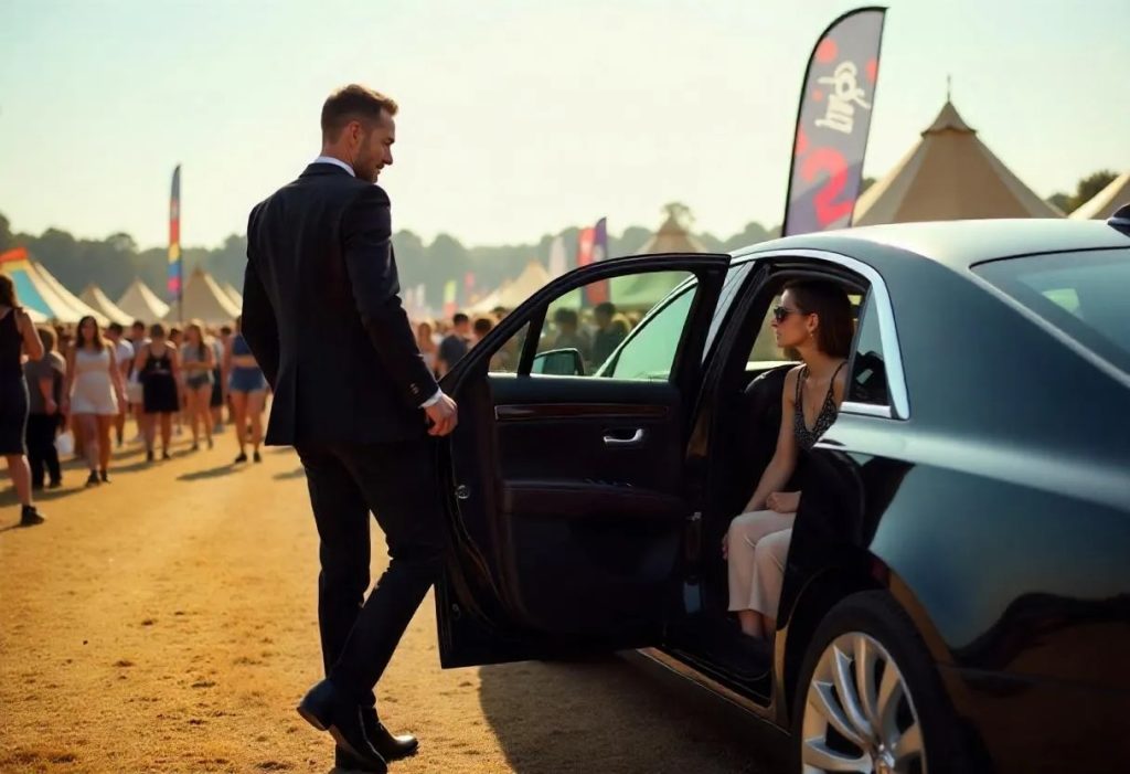Chauffeur driven luxury vehicle parked outside Ascot Racecourse entrance during race day