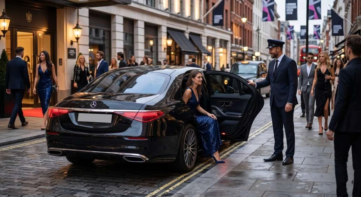 Professional executive private driver waiting by an immaculate luxury vehicle on a premium London street
