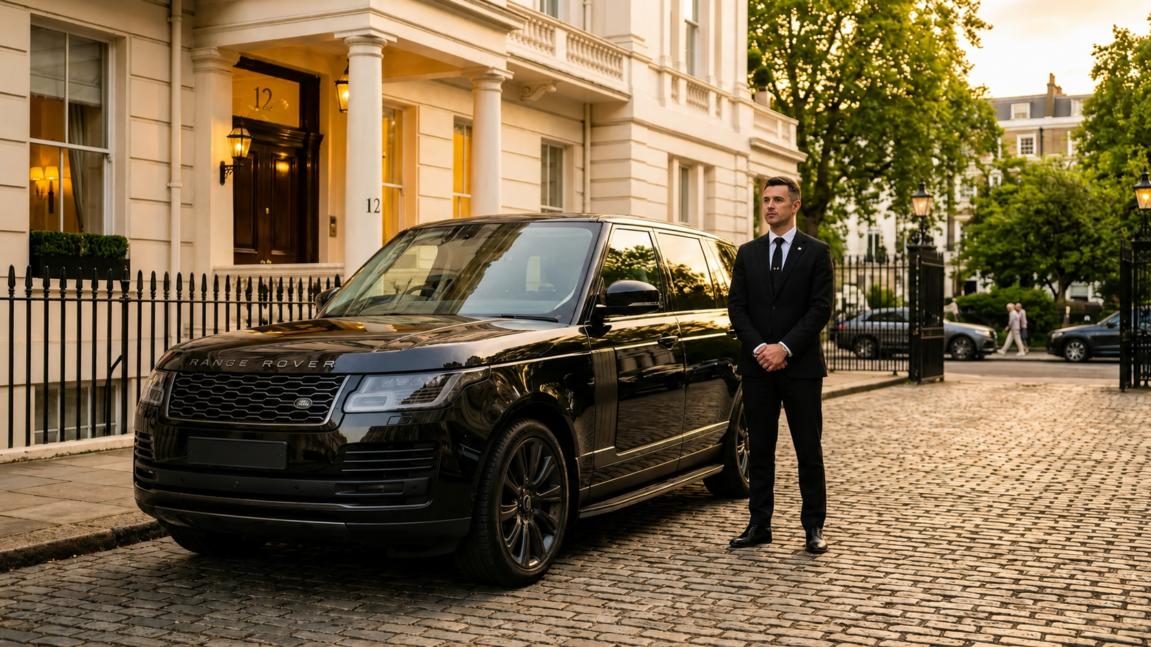 Black flagship Range Rover executive chauffeur vehicle parked along an elegant Mayfair street in Central London