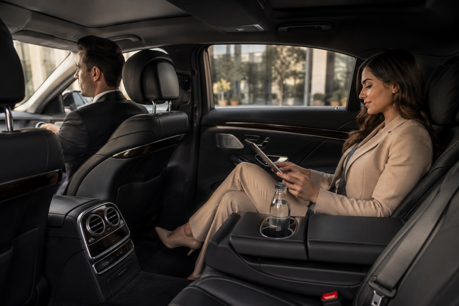 Interior view of a luxurious executive chauffeur car highlighting custom seating and beautiful panoramic views