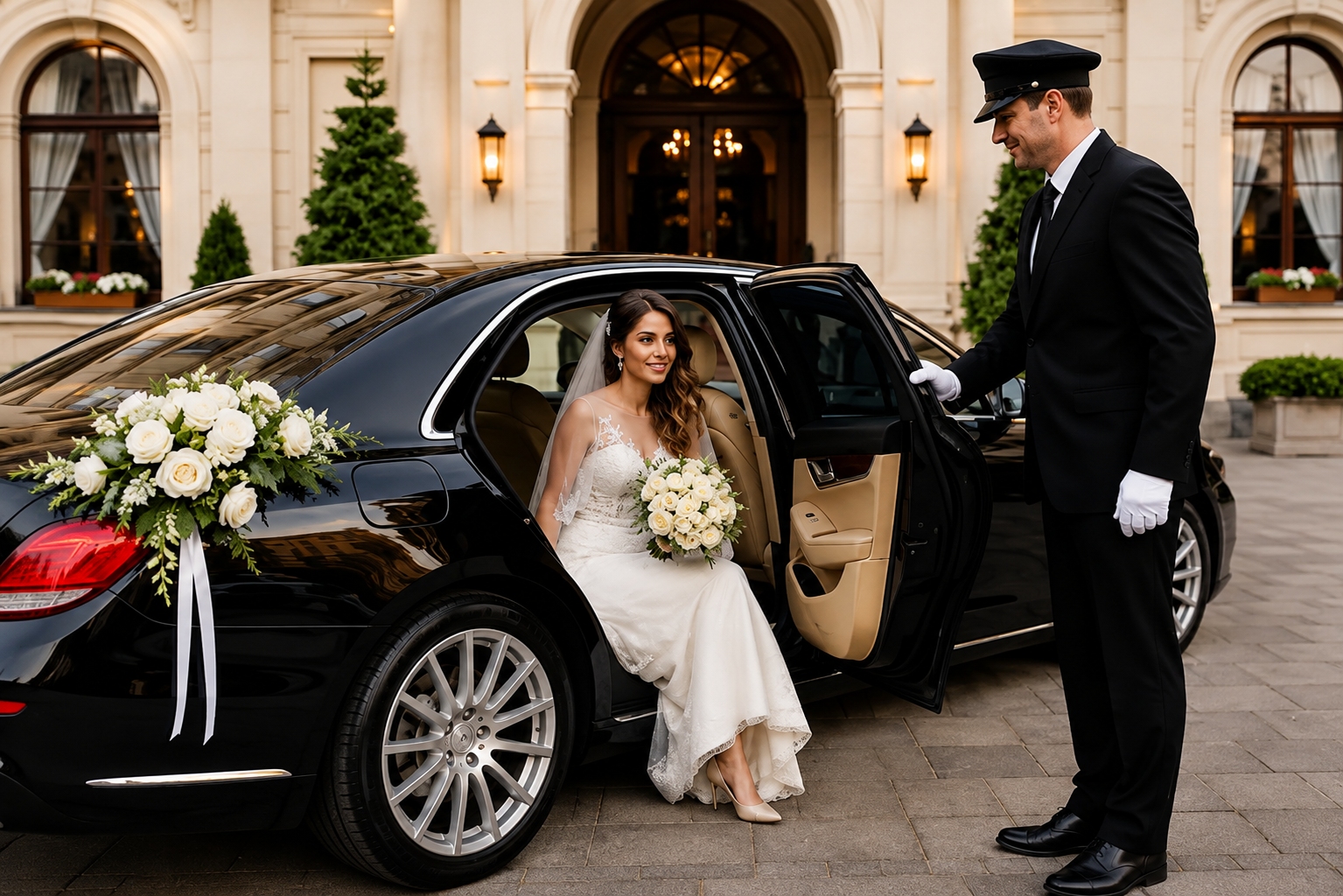 Elegantly decorated luxury wedding car parked outside a grand London venue with chauffeur waiting